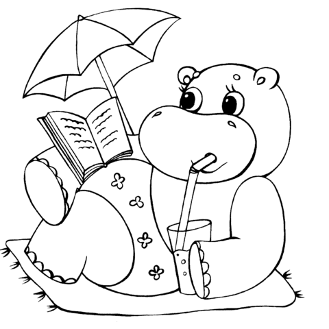 Hippopotamus Under Umbrella Coloring Page